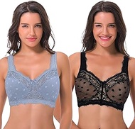 Women's Plus Size Minimizer Lace Full Coverage Unlined Wireless Bra-2Pack-BLACK,LT BLUE-48DD