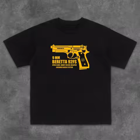 West Sea Boardwalk Short-Sleeve T-Shirt with BERETTA 92FS Pistol Print - Men's Pure Cotton Round-nec