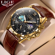 LIGE นาฬิกาควอทซ์ใหม่ล่าสุดนาฬิกาผู้ใหญ่ผู้ชายและผู้หญิงแบรนด์ชั้นนำเรืองแสงต้นฉบับกันน้ำนาฬิกาโครโนกราฟ สปอร์ตปฏิทินนาฬิกาสายหนัง