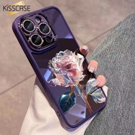 KISSCASE เคส IPhone15ProMax เพ้นท์สีอะคริลิคใสลายดอกกุหลาบบางหรูหราเคลือบลายดอกไม้ด้วยฟิล์มเลนส์เพชร