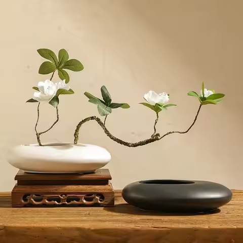 Chinese Style Ceramics Vase Flower Pot Black White Cobblestone Deformation Arrangement Accessories M