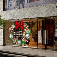 圣誕節花環玻璃貼紙酒店餐廳商場落地櫥窗門鈴鐺領結裝飾靜電貼畫