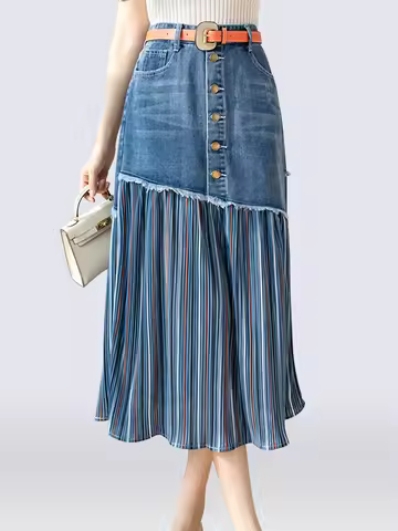 S-5XL Patchwork Pleated Jeans Skirts Women High Waist Ripped Skirts Vintage Elegant Korean Fashion D
