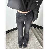 [Lu77] Jeans Gray Korean Flared Cropped Pants Elastic Floor Slimmer Look Girls