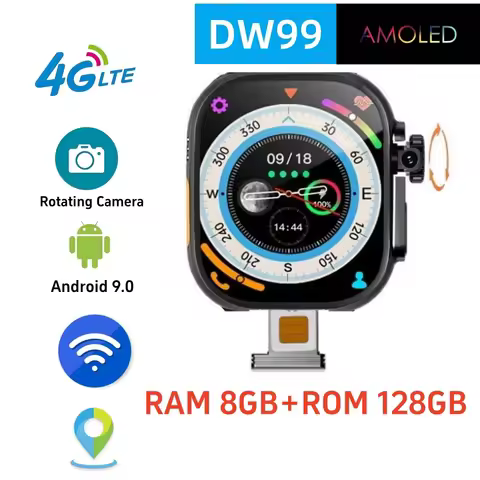 Updated Android 9.0 DW99 S9 Ultra Smart Watch 2.2 inch 448*528 Amoled Screen 180° Rotating Camera Ap