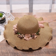 Ladies Hat Big Wave Flower Visor Beach Outdoor Sun Hat (Khaki)