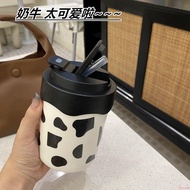 奶牛雙飲杯304不銹鋼暖手杯便攜式吸管杯學生ins風防燙牛奶咖啡杯吸管保溫杯 吸管杯 水壺 保溫瓶
