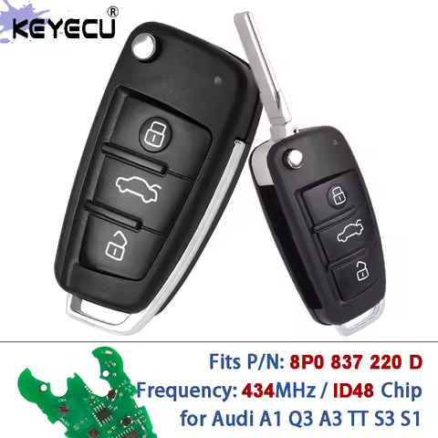KEYECU 8P0 837 220 D 434MHz ID48 Chip Replacement Flip Remote Key Fob 3 Buttons for Audi A1 Q3 A3 TT