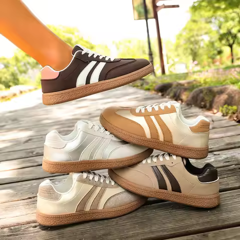Vintage German Trainer Style Women Sneakers Striped Lace‑Up Flat Casual Comfort Walking Board Shoes 