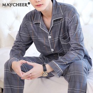 MAYCHEER ชุดนอนแขนยาวชาย เสื้อแขนยาว+กางเกงขายาว ชุด 2 ชิ้น ชุดนอนชายไซส์ใหญ่ หลวม นุ่มสบาย