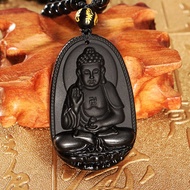 KiWarm On Sale Natural Black Obsidian Stone Carved Buddha Lucky Amulet Pendants with Nacklace Gemsto