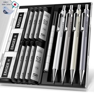 "Four Candies Metal Mechanical Pencil Set with Case - 4 Pencils, 0.5mm/0.7mm/0.9mm HB Refill and Era