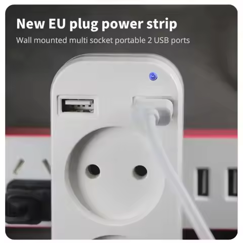 2025 EU Plug Power Strip Adapter Wall Double AC Socket Portable 2 USB Port for Mobile Phones 1200W 2