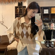 Retro diamond-shaped plaid short vest knitwear Korean style womens vest V-neck preppy knitwear