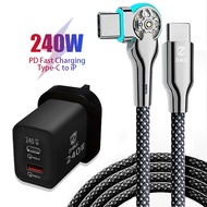 PD Fast Charging Charger Cable Type C to iP With 240W GaN UK Adapter 180°RotationNylon Braided Cable
