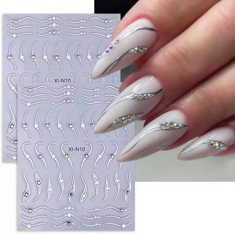 3D Rhinestones Gold Silver French Nail Art Stickers White Wave Simple Line Design Adhesive Slider De