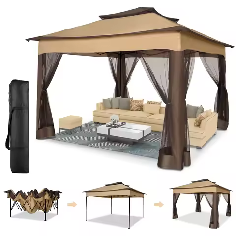 11x11 Pop up Gazebo on Clearance with Mosquito Netting&Sandbags, Outdoor Canopy Tent with 4 Ropes 8 
