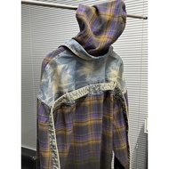 Acne Studios Distressed Shirt Jacket Men Hooded Gradient Plaid Top