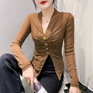 YIMEI เสื้อกล้ามแขนยาวมีจีบสำหรับผู้หญิงเสื้อยืดผ้าตาข่ายคอวีดีไซน์เข้ารูปพอดี2023สำหรับฤดูใบไม้ร่วง