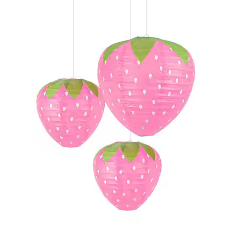 3PCS Pink Red Color 3D Strawberry Lantern 3D Design Strawberry Shape Paper Lantern Hanging Pendant H