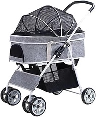 4 Wheels Pet Stroller Travel Folding Carrier with 2 Safety Tether & Storage Basket Detachable Portab