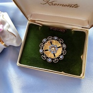 Krementz冰晶藍萊茵扇形雷射包金胸針/早期珠寶/美國西洋古董飾品
