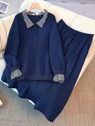150Kg Plus Size Women's Bust 157 Spring Autumn College Style Striped Patchwork Hoodie A-Line Skirt S