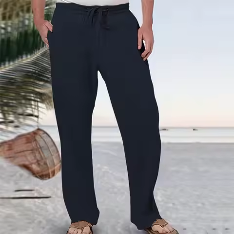 Men's Cotton and Linen Beach Pants Loose Straight Leg Pants Breathable Casual Pants Men's Cotton Pan