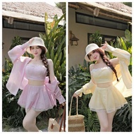 Women's dress Set 3 Piece 2-strap strapless mocking back top with long-sleeved shirt jacket + short 
