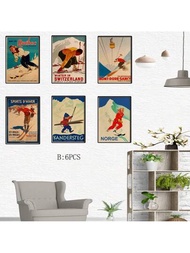 6入組復古滑雪旅遊城市老店藝術海報,牛皮紙冬季運動滑雪牆藝術裝飾,適用於家庭、酒吧,42*30厘米