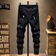 Autumn Winter Youth Entity High-Quality Skinny Jeans Men's Rewashing Light Luxury Black Frayed Jeans
