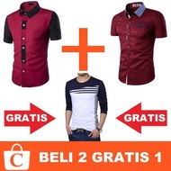 Beli 2 Gratis 1- Kemeja Polos Lengan Pendek Pria Merah + Kaos Polos