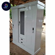 Lemari Minimalis Jati 3 Pintu Sleding Kaca Rak Putih