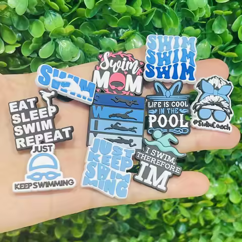 1-10Pcs Just Keep Swimming Sports Shoes Buckle Charms Swim Coach Slipper Decorations Clog DIY Wristb