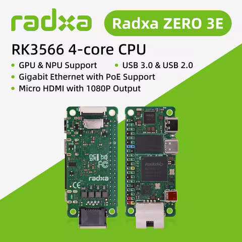 Radxa ZERO 3E RK3566 4-core CPU SBC, GPU, NPU, HDMI with 1080P Output, and Gigabit Ethernet, Single 