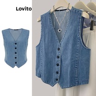 LVT-075 Lovito Casual Plain Button Sleeveless Denim Top for Women LNE22048 ( Blue ) 简约纽扣牛仔上衣外套 蓝色