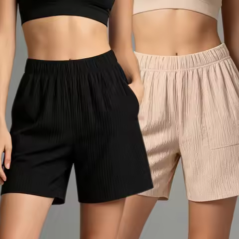 Summer Women's Solid Color Fashionable Pocket Sports Shorts, Elastic Waist Comfortable Running Pants