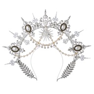 Silver Gothic Halo Crown Lolita Tiara Headband ฮาโลวีน Vintage Sun Goddess Baroque Headpiece