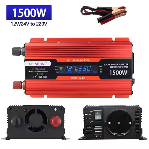 2KW Power Inverter 12V 24V To 220V 230V 2000W 1500W 1000W LCD Display EU Socket Solar Inverter USB F