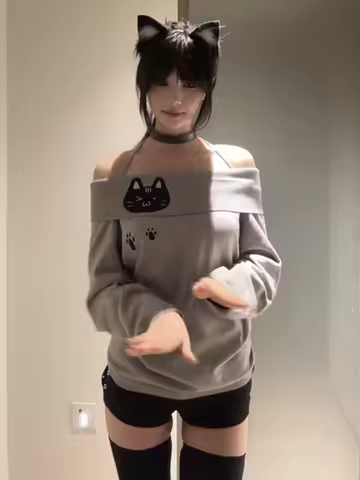 Cute Embroidery Off The Shoulder T Shirt Women Kawaii Cat Long Sleeve Basic Blouse Tight Basic Crop 