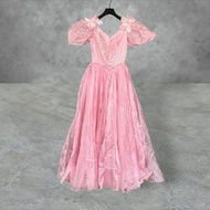 粉紅色 緞面 輕薄 拼接 珠飾 手工訂製 禮服 短袖 洋裝 PMF17