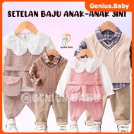 KEMEJA Boys Girls Suits set girl 3in1 vets+Shirt+Pants set boy Baby 1-5 Years Long Sleeve Quality Pr
