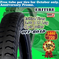 Eritire Tires 3.00 x 17 Lug 8 ply roller All brand new and its class A durable motorcycle tire. All tires purchased has a FREE SPARKPLUG  and tube.