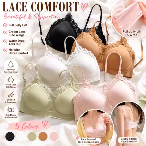 FINETOO V Neck Lace Trim Layering Bralette Women Seamless Wireless Padded Camis Bra Thin Adjustable