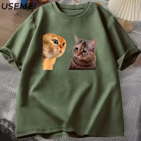 Sad Cat Mewing T-shirt Funny Two Cats Talking Meme Grpahic T Shirts Women Men's Cotton T-shirt Summe