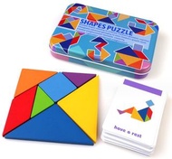 兒童 木製七巧板 鐵盒裝 產品名稱：鐵盒裝 七巧板 百變巧板 兒童1年級 2年級益智拼圖木製玩具 木製兒童小學生數學教具 鐵盒七巧板