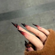 2025 Year Of The Snake Handmade Long Tip Wear Spice Gradient Simple Dark Red Black Nail B1p9