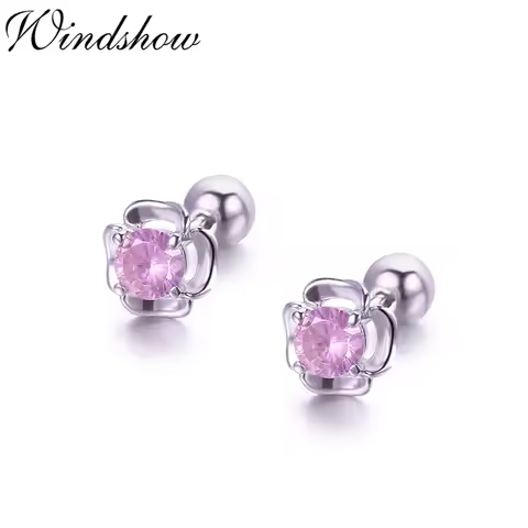 Cute 925 Sterling Silver Four Petals Pink CZ Flower Screw Black Helix Stud Earrings For Women Girls 