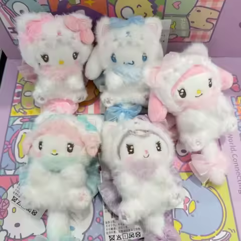 Sanrio Creamy Cat Series Fluffy Tail Plush Keychain, Kuromi My Melody Hello Kitty Cinnamoroll Piano 