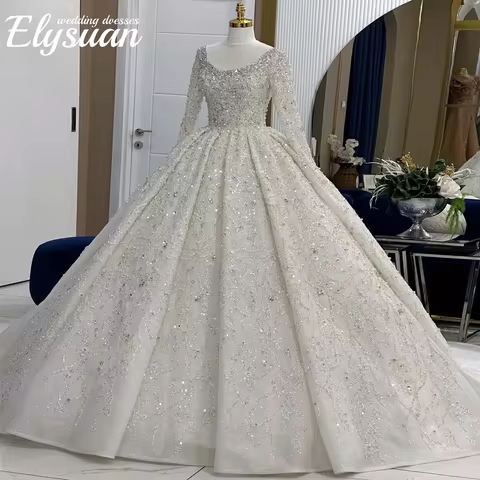 Customized Luxury Ivory Long Sleeve Wedding Dresses Arabiac Dubai Crystal Beaded Bridal Puffy Prince